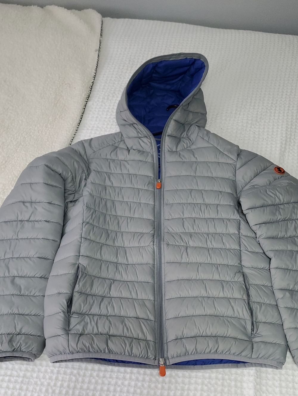 SAVE THE DUCK Light Gray Quilted Hooded Puffer with Blue Lining